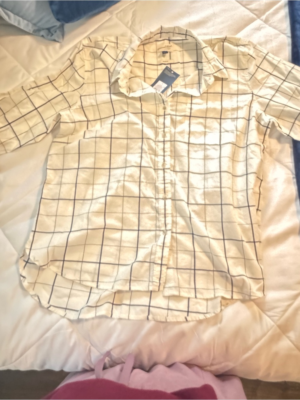 Universal thread cream Shirt with Navy Windowpane Plaid